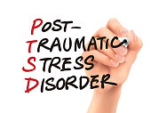 PTSD word written by 3d hand over white background